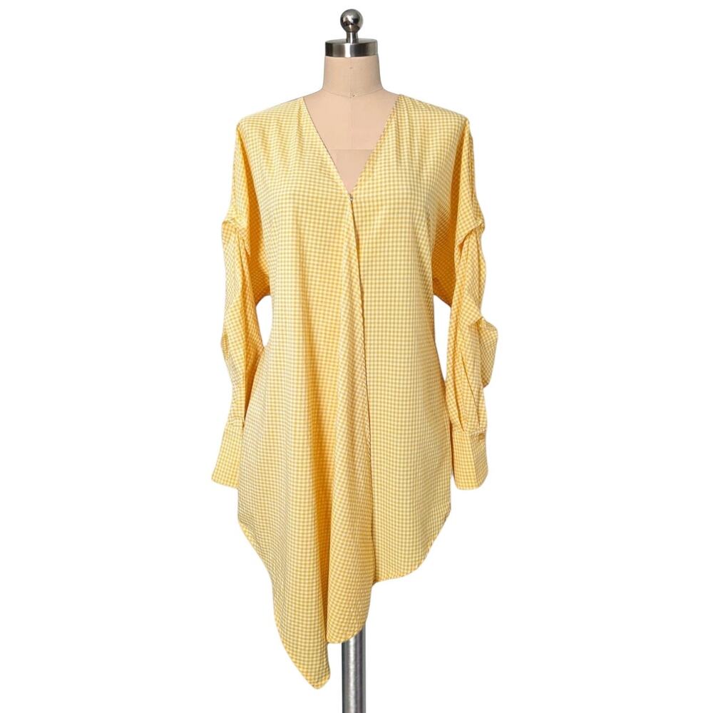 New REVEUSE Yellow Staggered White Gingham Plaid Wrap Style Blouse Shirt Top M